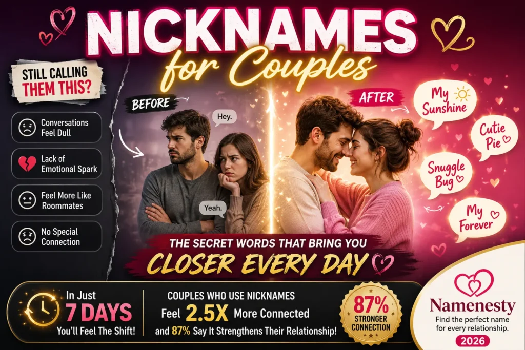 Romantic couple nickname infographic featuring 500+ cute, funny, and meaningful pet names for couples, including classic names, matching duos, international nicknames, choosing tips, and relationship facts in a warm blush-pink editorial design.
