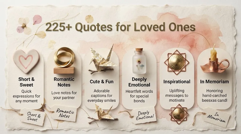 Infographic showing 225+ quotes for loved ones sorted by category — short, romantic, cute, emotional, and memorial captions for social media.