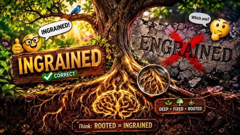**CENTER IMAGE PROMPT — REALISTIC + UNIQUE + STYLISH** Create a **photorealistic cinematic center visual** for a 16:9 blog feature image about **“INGRAINED or ENGRAINED?”**. Make the center the strongest visual focal point, combining **nature, language, roots, and a dramatic spelling comparison**. ### MAIN CENTER SCENE Place a **large ancient tree growing directly from the center of a split wooden platform**. The tree should look realistic, detailed, majestic, and naturally illuminated by warm golden sunlight. Its **roots must be highly visible**, spreading across the soil and wrapping around the wooden platform. Some roots should glow subtly with warm golden light to visually communicate the idea of something being **“deeply rooted” or firmly established**. On the left side of the tree, show a rich natural environment: - realistic green leaves - small plants and seedlings - moss-covered stones - tiny flowers - detailed soil - delicate roots beneath the surface - soft sunlight filtering through branches - a small bluebird sitting on a branch On the right side, transition dramatically into a **dark cracked stone surface** with a carved word: **“ENGRAINED?”** Place a large realistic **red X** over it, with chipped stone particles and subtle cracks around the letters. ### CORRECT-SPELLING FOCUS In front of the tree roots, place a beautiful **polished wooden sign** with dimensional golden lettering: **“INGRAINED”** Underneath, add a bright green checkmark and the small label: **“CORRECT”** Make the lettering look physically carved and embossed into the wood, with realistic shadows, wood grain, tiny scratches, and warm rim lighting. ### VISUAL EXPLANATION Create a small circular **magnifying-glass effect** over the roots, revealing tiny detailed root fibers underneath the soil. Inside or beside the magnified area, include a subtle visual cue: **“DEEP • FIXED • ROOTED”** Use small botanical icons around the words. ### CARTOON ELEMENTS Add two stylish 3D cartoon emojis near the center without making them childish: - A **thinking emoji 🤔** looking toward the two spellings, as if deciding which is correct. - A **smart/celebration emoji 🤓** wearing glasses and giving a thumbs-up beside “INGRAINED.” Add tiny floating speech bubbles: **“Which one?”** and **“INGRAINED!”** ### UNIQUE MEMORY VISUAL Create a miniature **brain-shaped root system** beneath the tree, blending naturally into the roots. Some roots should subtly form neural pathways, visually connecting the concept of **memory + deeply rooted habits**. Add a small elegant label: **“Think: ROOTED = INGRAINED”** ### REALISTIC STYLE Use: - ultra-realistic tree bark - highly detailed leaves - realistic soil and roots - natural wood grain - cinematic depth of field - realistic sunlight - volumetric rays - subtle atmospheric haze - physically accurate shadows - premium 3D typography - realistic stone texture - tiny environmental details - shallow depth-of-field around secondary objects - crisp focus on the central sign and roots - sophisticated editorial photography aesthetic ### COLOR DIRECTION Use a premium palette of: **forest green + warm natural brown + golden sunlight + deep charcoal + crimson red + emerald green accents.** Avoid overly flat vector graphics. The image should feel like a **high-end cinematic editorial photograph mixed with premium 3D illustration**. ### COMPOSITION Keep the tree and glowing roots **exactly in the center**. The left side should communicate **growth, roots, permanence, and correctness**. The right side should communicate **confusion, stone, outdated spelling, and error**. Leave enough clean negative space around the central visual so the surrounding headline and information panels can be added later without covering the important details. **Overall mood:** mysterious, intelligent, premium, educational, dramatic, nature-inspired, visually unforgettable, and highly clickable. Ingrained or Engrained